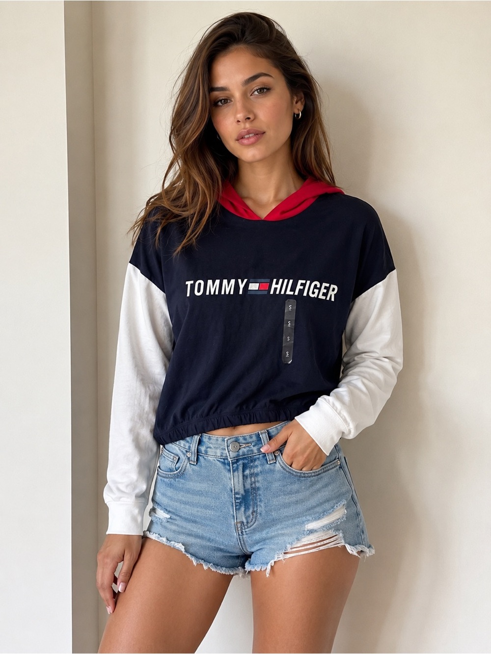 Tommy Hilfiger Navy, White & Red Logo Cropped Hoodie